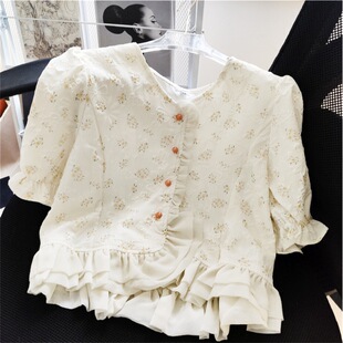 Real shot jacquard bubble sleeve v collar short sleeve shirt women's blouse shirt spring and summer chiffon shirt short floral women's clothing