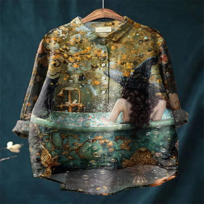 Halloween Cute Witch Digital Print Women's Casual Cotton and Linen Long Sleeve Casual Loose Shirt