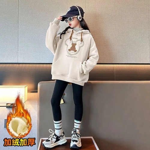 Girls' loose velvet hooded sweatshirt  autumn and winter new medium and large children's all-in-one velvet bottoming shirt Korean style top trend