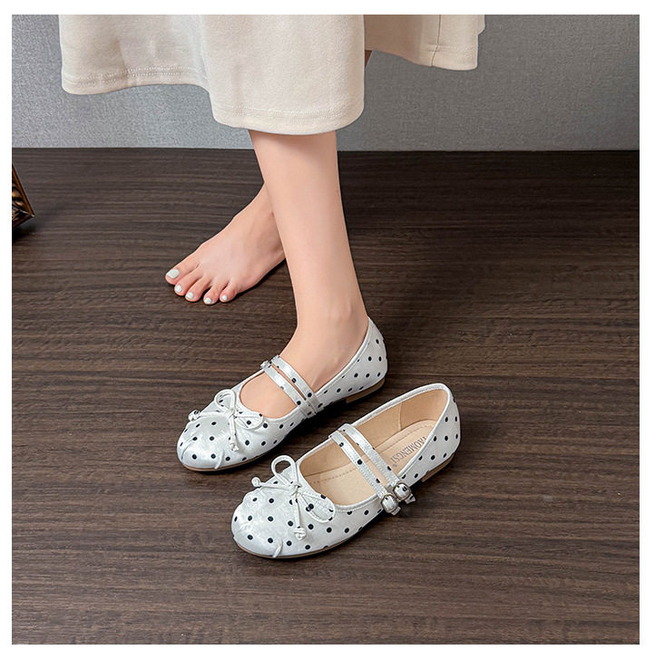 Giày búp bê Mary Jane nữ mũi tròn chất liệu satin chấm bi thắt nơ, đế bằng gót thấp — Màu hồng, Màu trắng, màu đen chi tiết 26