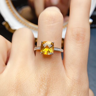 New natural citrine ring S925 silver inlaid main stone 8*8mm Joker net red explosions women's jewelry wholesale