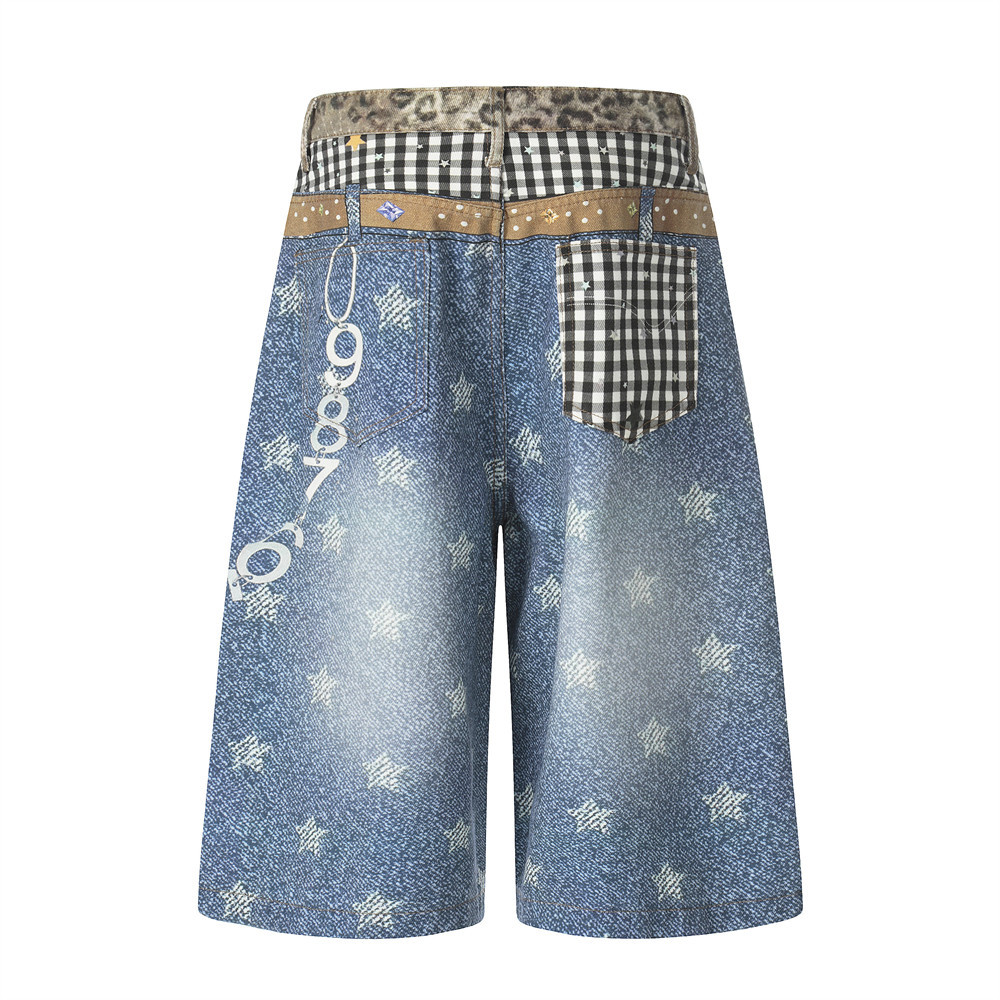 Distressed Denim Shorts For Men With Star Print And Raw Hem_voghion.com