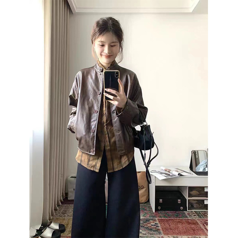 美式复古美拉德咖色皮衣外套女早秋新款高级感休闲开衫夹克上衣潮|undefined