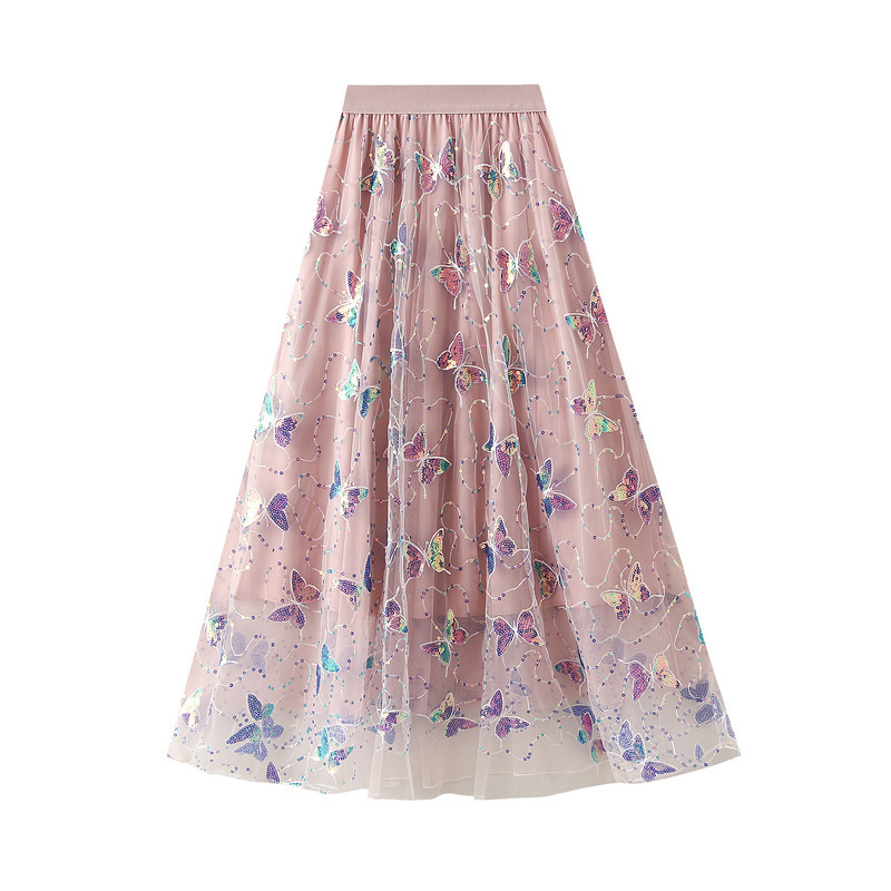 Sequin Butterfly Gauze Skirt Spring New High-Waisted A-Line Skirt Draped Mid-Length Mesh Fairy Skirt 2432
