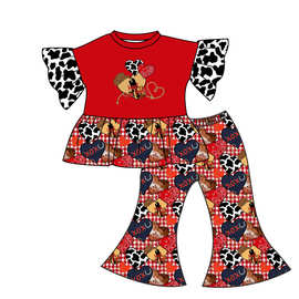 欧美精品店童装外贸批发红色爱心奶牛纹印花女孩情人节喇叭裤套装