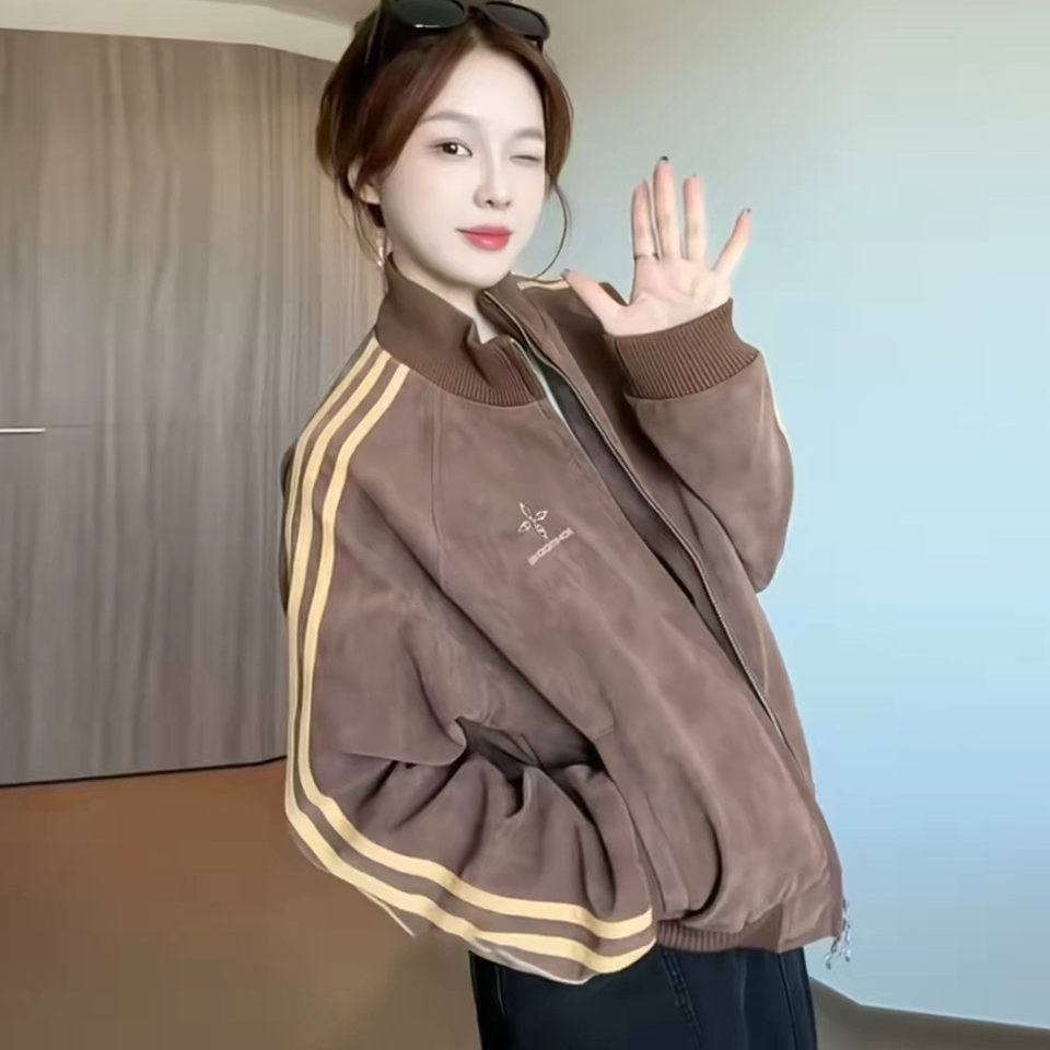 Áo khoác jacket nữ dáng rộng cổ đứng tay dài kiểu bóng chày — Màu be, Màu cà phê, Màu nâu, màu đen