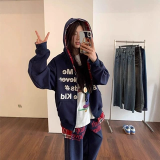 假两件拼接格子连帽卫衣外套女2026秋季新款薄款休闲情侣开衫外套
