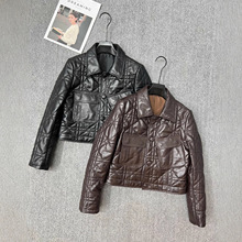 秋冬季新款真皮皮衣女菱形格棉服小个子短款外套女时尚百搭绵羊皮