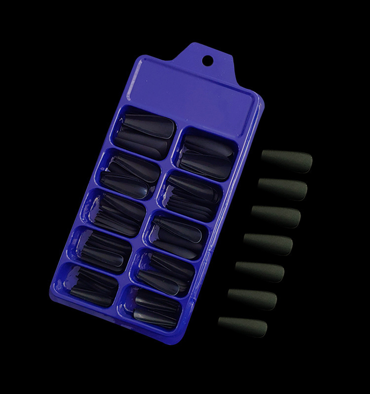 Uñas de ballet extra largas de color caramelo, 100 piezas en una pequeña caja azul con blíster, caja transparente, puntas de uñas trapezoidales con forma de ataúd.