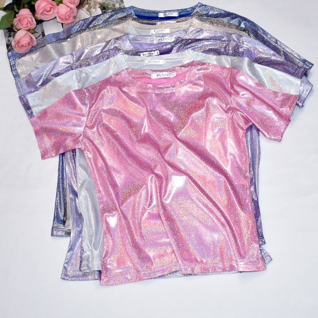 Korean Style Thin Base Shirt with Shiny Threads, Loose Short-Sleeve T-Shirt for Women, Trendy Plus-Size T-Shirt for Students, Cross-Border