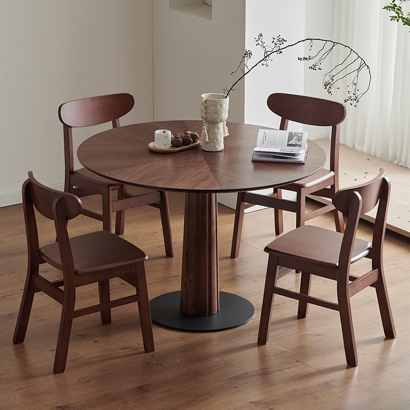 Medieval Style Solid Wood Dining Table for Home Small Apartment Dining Table Round Dining Table and Chair Combination Black Walnut Small Round Table and Chairs
