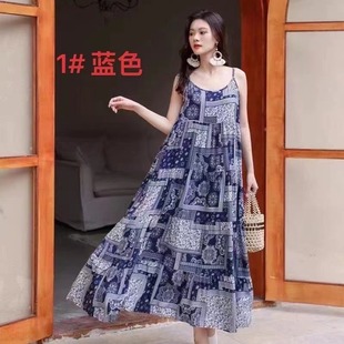 Ethnic Style Printed Suspender Long Skirt Beach Dress Women's A-Line Skirt over the Knee Long Skirt Large Hem Skirt Women's Clothing Wholesale