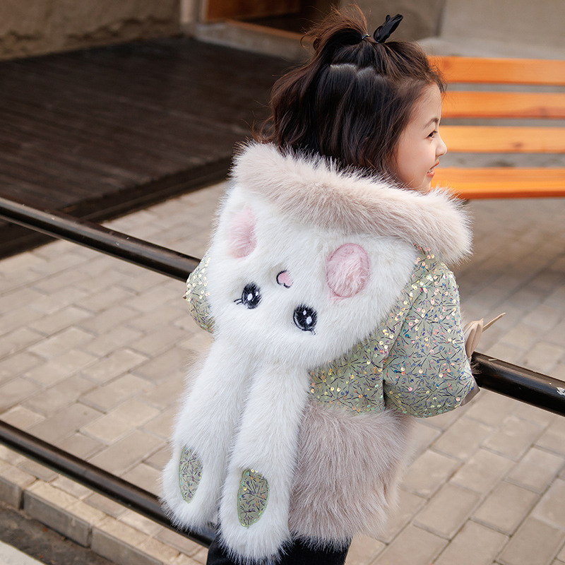 Stylish Rabbit Ear Winter Fashion Faux Fur Coat 2023 New Children's Thick Sparkling Plush Jacket for Older Kids