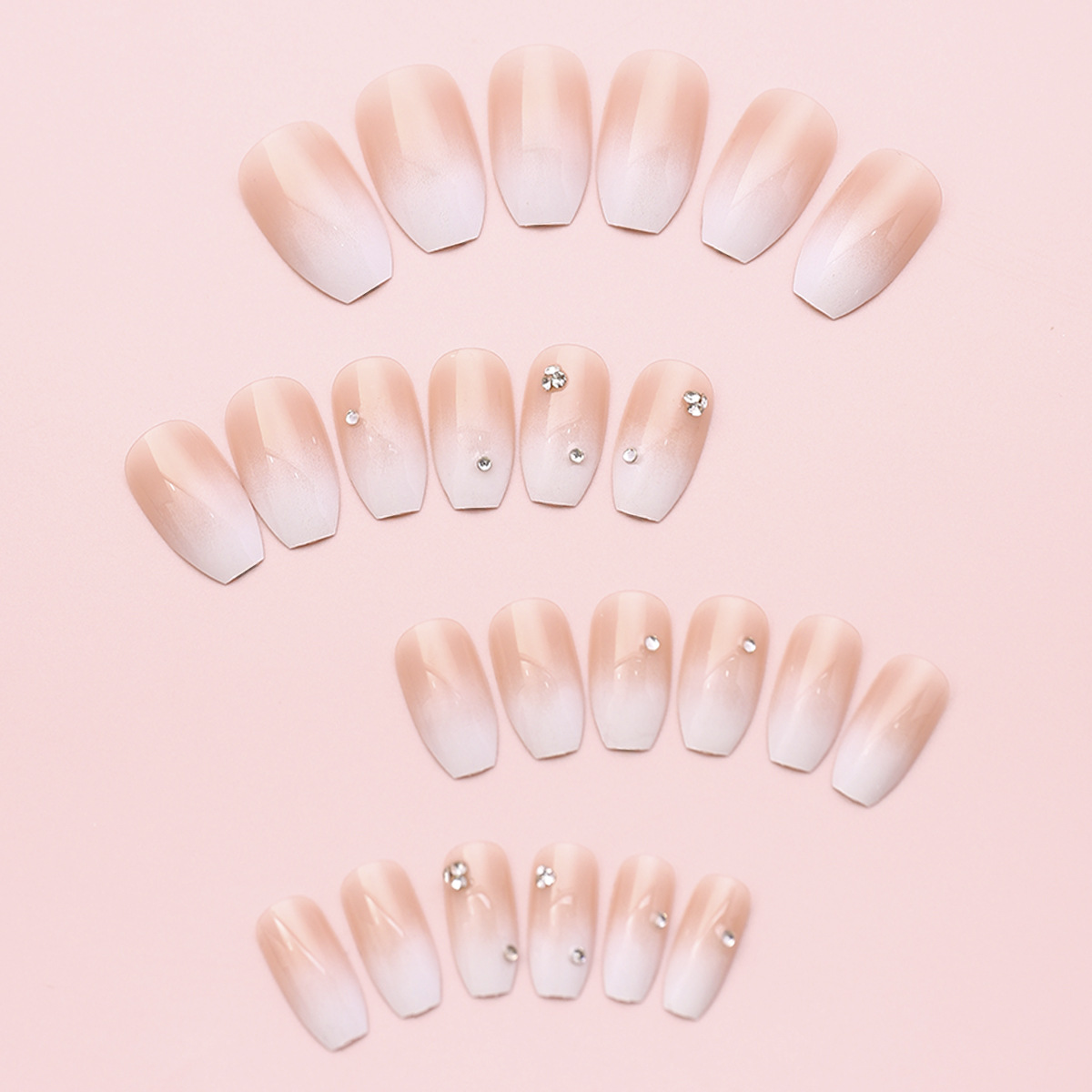 Uñas, uñas, uñas, colores degradados, diamantes de punto, uñas, uñas postizas, parches de uñas desmontables