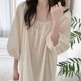 韩国ins女士早春新品女七分袖高级感睡衣甜美宽松休闲家居服睡裙