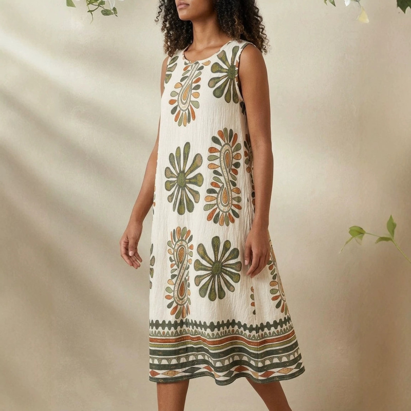 Cross-Border Bohemian Style Wrinkled Texture Printed Dress for Women, Round Neck, Loose Fit, Holiday Style, Sleeveless Long Dress Cross-Border Bohemian Style Wrinkled Texture Printed Dress for Women, Round Neck, Loose Fit, Holiday Style, Sleeveless Long Dress