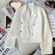 双排扣白色西装外套女修身2023年春季纯色小个子气质长袖短款西服