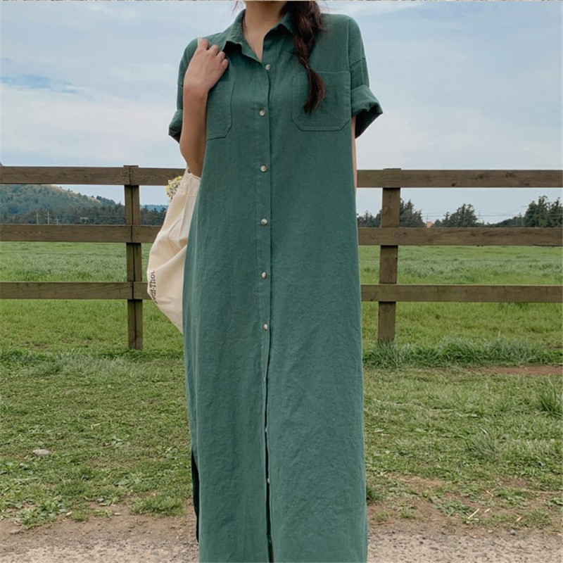2296 South Korea Summer New Short-sleeved Long dress Loose Lazy Knee-length Shirt dress Women