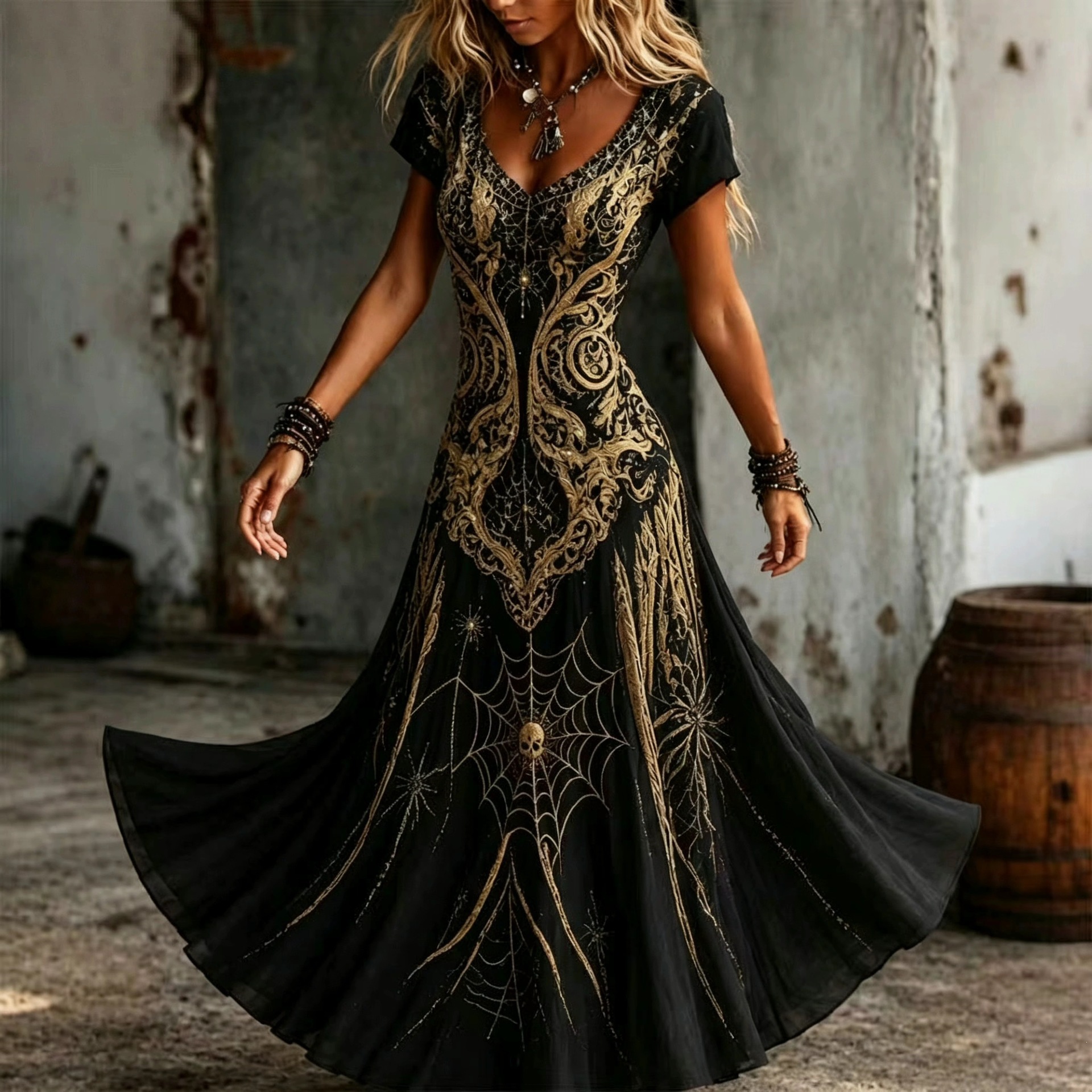 2026 European and American cross-border Halloween-themed women's long dress with skull elements, 3D print, V-neck, and large hem