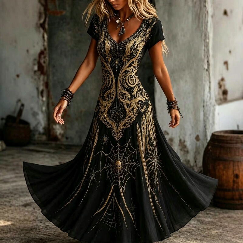 2026 European and American cross-border Halloween-themed women's long dress with skull elements, 3D print, V-neck, and large hem 2026 European and American cross-border Halloween-themed women's long dress with skull elements, 3D print, V-neck, and large hem