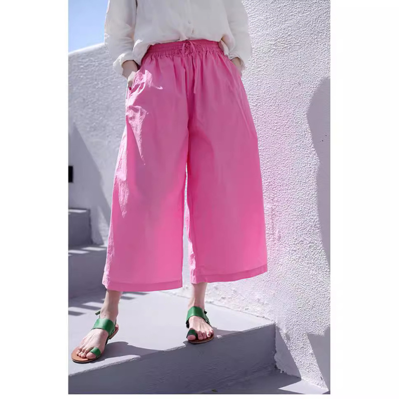 Summer High-Thread-Count, High-Density, Lightweight, Soft Cotton Elastic Waist Drawstring Loose Wide-Leg Pants for Women