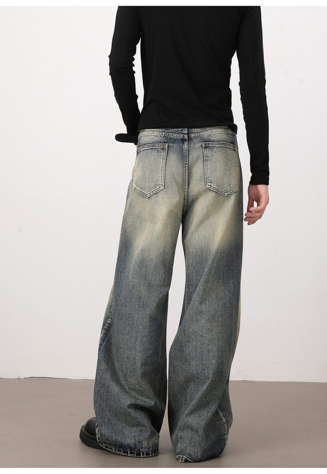 Quần jeans nam dáng rộng ống đứng phong cách retro Mỹ, giặt mài làm cũ — Màu xanh dương chi tiết 23