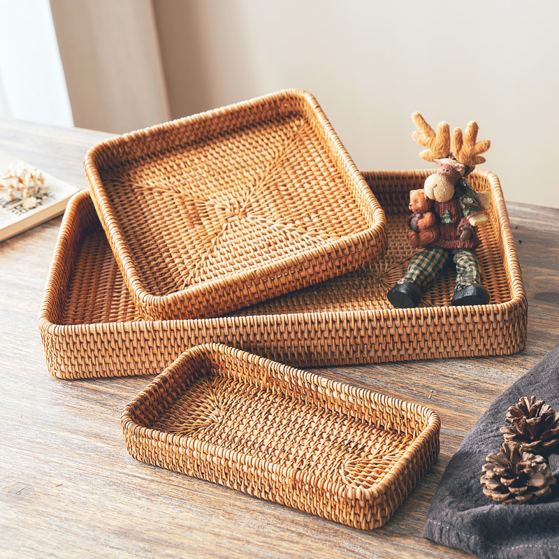 Bandeja casera de ratán, mesa de comedor, taza de té, taza de agua, bandeja de té de almacenamiento, sala de estar grande, bandeja de pastelería rectangular, plato de frutas para bocadillos