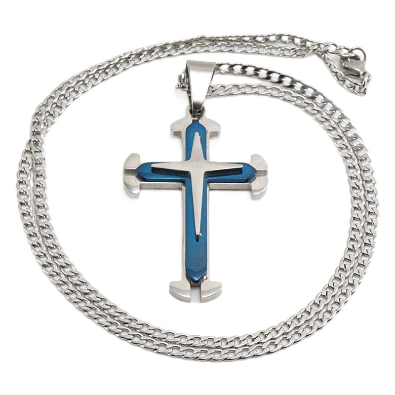 Cruz-frontera europea y americana de acero inoxidable de moda multi-capa Cruz colgante collar de los hombres de 18 quilates de oro hip hop collar de acero de titanio