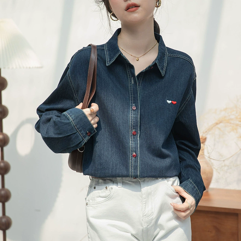 Европейские товары 2024 утренняя весна любящая вышивка синяя джинсовая рубашка женская толстая рубашка