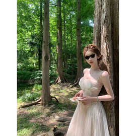 JMSHOP 淡山茱萸 手工立体花朵吊带裙夏季打揽显瘦仙女裙度假长裙