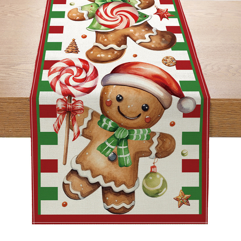 Camino de mesa navideño con estampado de muñeco de nieve y Santa
