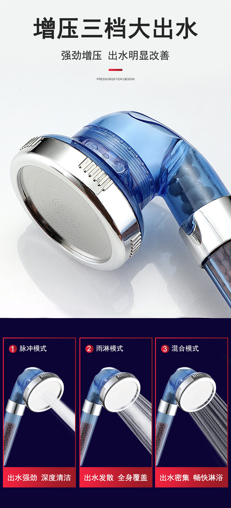 Negative ion pressurized shower head, household showerhead, 4-point interface, detachable for washing, factory direct delivery undefined