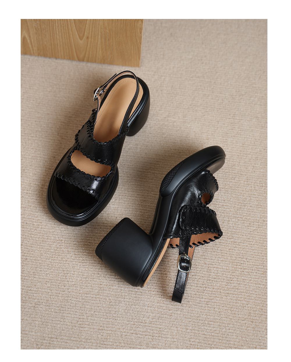 Sandal cao gót nữ hở mũi da bò gót vuông 8 cm đế dày — đen chi tiết 14