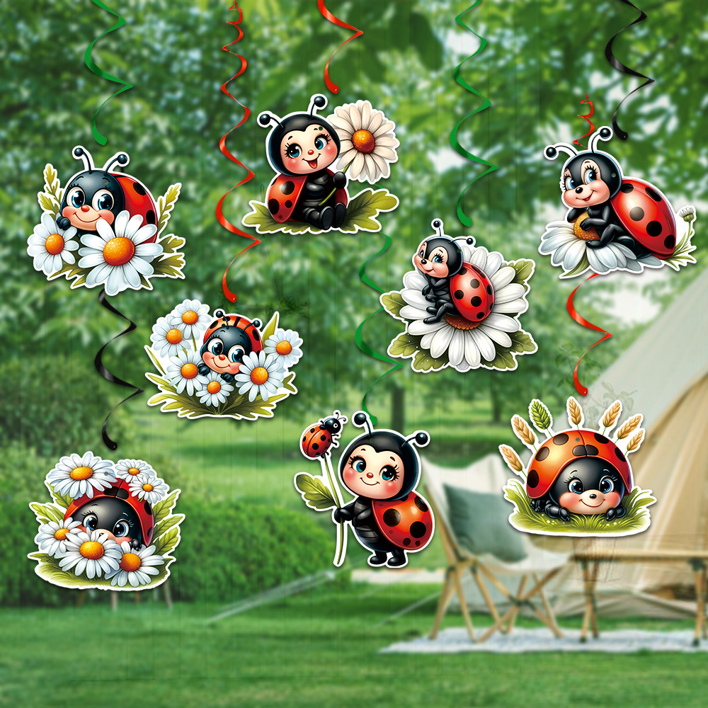 Nuevo producto transfronterizo decoración temática de insectos colgante en espiral decoración de fiesta de cumpleaños de mariquita de siete estrellas colgante en espiral