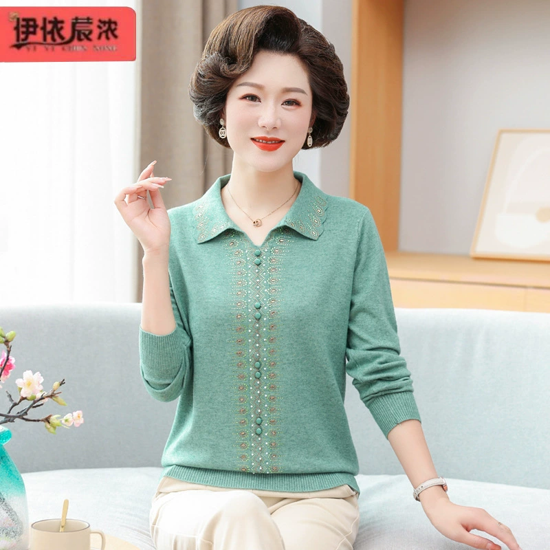 Весенне-осенний свитер для мамы со стразами на лацканах, женский свитер из хлопка высокой плотности для пяти или шести лет, пуловер