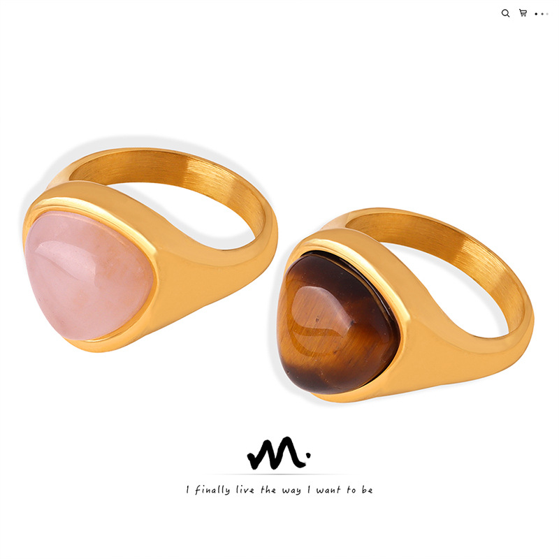 Hot Selling Natural Powder Crystal Stone Natural Tiger Eye Stone Retro Light Luxury Elegant Couple's Rings Titanium Steel Rings In Europe And America_voghion.com