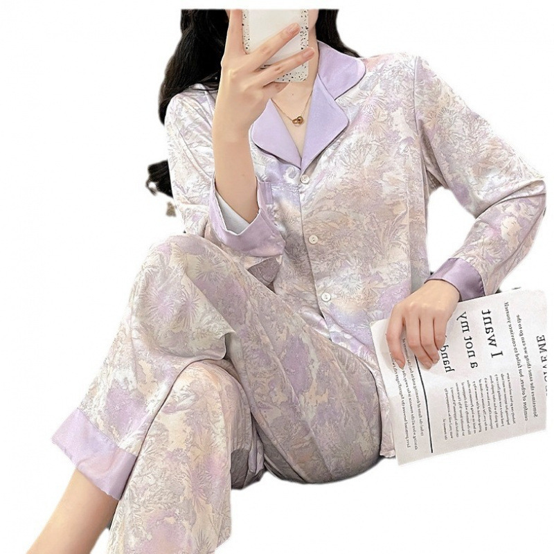 【紫黛】冰丝睡衣女春夏秋薄款长袖气质显瘦网红家居服可外穿|undefined