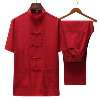 唐装男衬衫套装男士短袖夏季中老年太极服中国风男士晨练汉服批发|ms