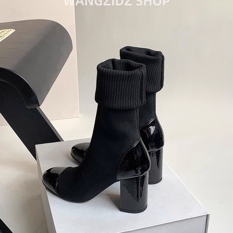 Autumn and Winter New Patent Leather High-heeled Thin Short Boots Women's European and American Knitted Thick-heeled Stretch Socks Boots Women's Custom Autumn and Winter New Patent Leather High-heeled Thin Short Boots Women's European and American Knitted Thick-heeled Stretch Socks Boots Women's Custom