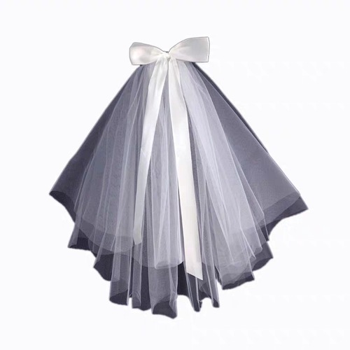 Parent-Child Adult Children Headscarf Wedding Dress Photo License Registration White Bow Short Layer Ribbon Internet Celebrity Style