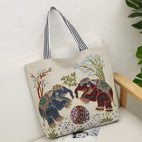 New Versatile Cartoon Embroidered Tote Bag Animal Canvas Shopping Bag Shoulder Bag Handheld Large Capacity Women's Bag Mommy Bag