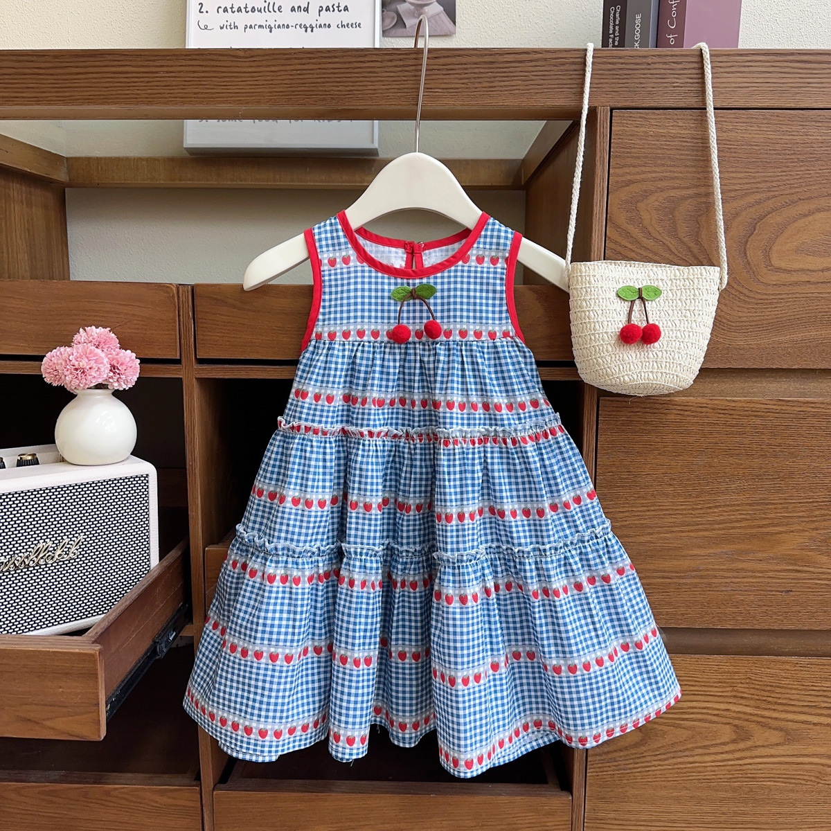 Girls' Cherry Sweet Dress Summer New Sleeveless Cake Tank Dress with Knitted Bag Exb027