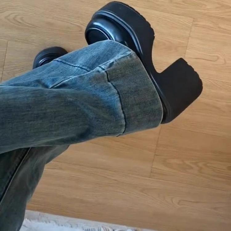 Black Thick High-Heeled Slip-On Small Leather Shoes Mary Jane Women's Shoes 2025 Spring and Autum New Thick-Soled Height-Increasing Shoes for Women