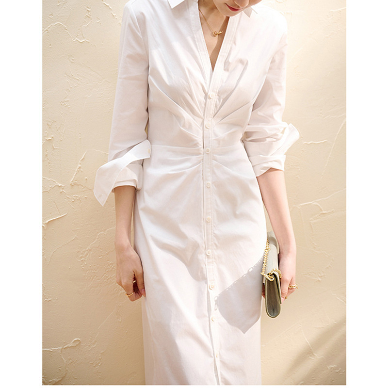 Ready-Made Manufacturers Wholesale, Good Fit, Slimming Look French Pleated Waist Pleated V Neck Shirt Dress for Women Ready-Made Manufacturers Wholesale, Good Fit, Slimming Look French Pleated Waist Pleated V Neck Shirt Dress for Women