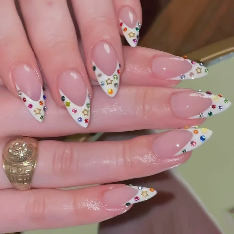 X-0597 Manicure Rainbow Diamond Inlaid on French Nails Fingertips Directly Open Galaxy Party 24 Pieces Wearable Nails