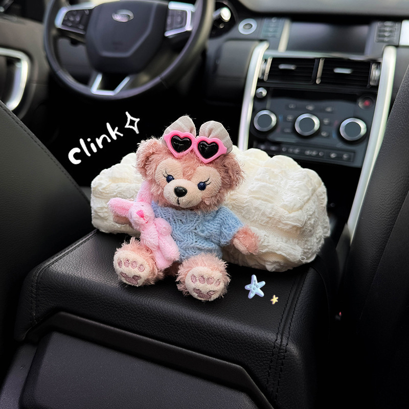 Decoración de coche para niñas caja de reposabrazos caja de pañuelos caja de dibujo de coche asiento de coche medio dibujos animados Duffy oso hecho a mano