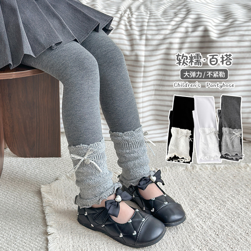New Autumn/Winter Cute Korean Style Leggings for Girls, Thin Fleece Socks with Lace Trim, Thin Nine-Point Pants Wholesale
