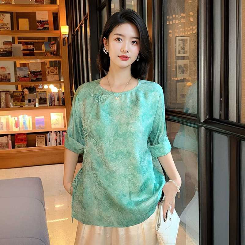 新中式国风高级感人丝香云纱T恤女装夏季中袖斜襟复古唐装上衣