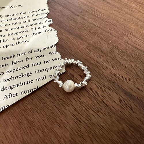 Blogger's Choice 925 Sterling Silver Minimalist Uncommon Shattered Silver Pearl Ring for Women, Korean Instagram Style, Finger Ring with Elastic Cord