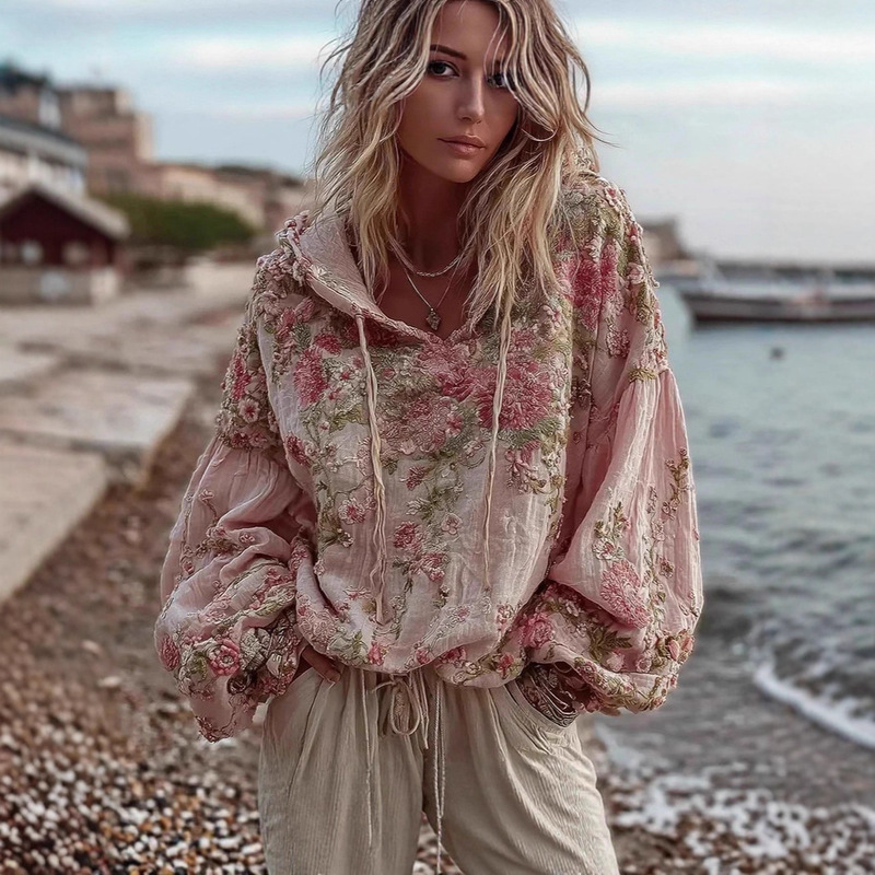 Amazon European and American Style Trendy Japanese Ethnic Cherry Blossom Art Print National Trend Loose Autumn and Winter Retro